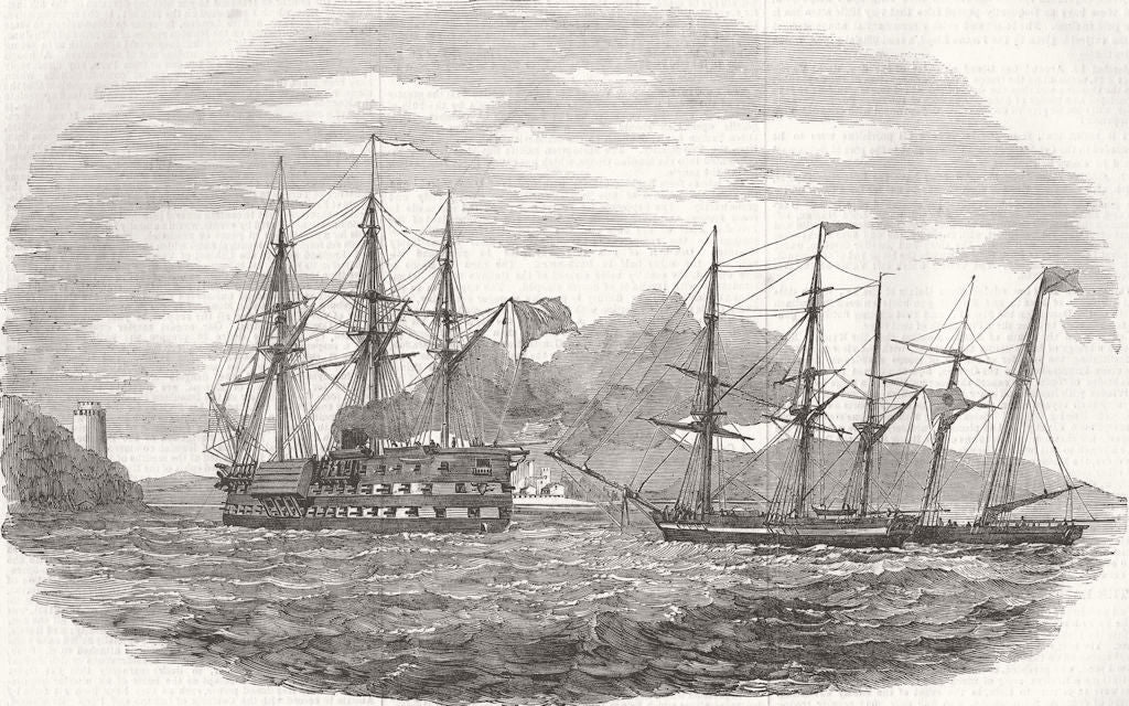 ISTANBUL. French ship, passing Europe & Asia castles 1854 old antique print